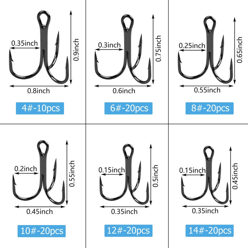 Shaddock Fishing طقم خطاطيف صيد ثلاثية من الفولاذ الكربوني العالي - مجموعة حلقات خطاطيف صيد ثلاثية قوية وحادة للسمك السلمون وسمك الباس وسمك القط - طعوم ومواد طعم للمياه العذبة والمالحة، 110 قطعة، الحجم 4 6 8 10 12 14 - Image 3